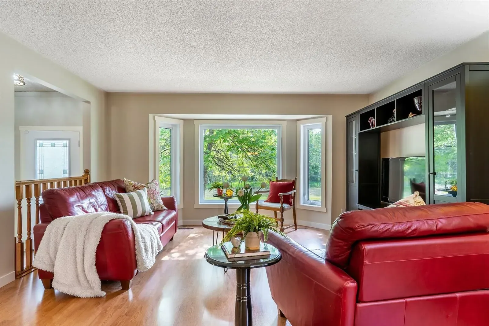 Open space living room with delectable red leather sofas and open space in a home reno